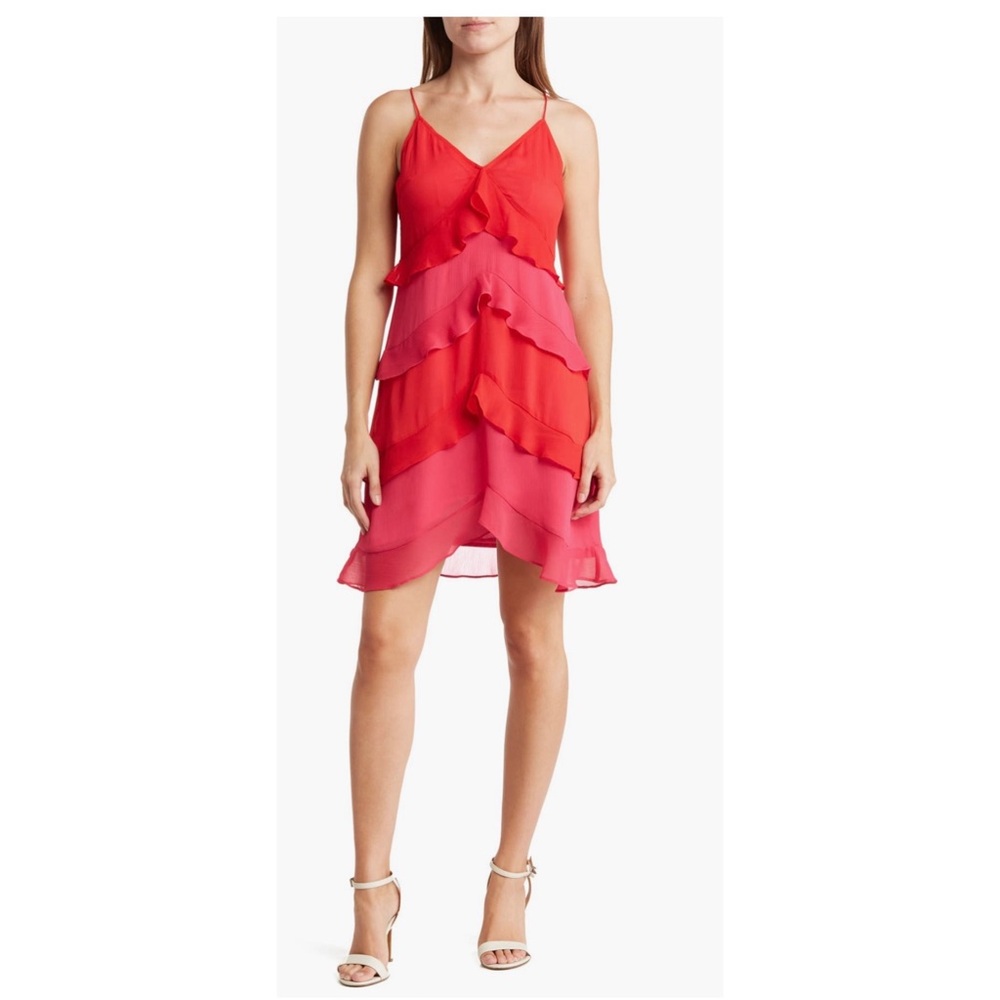 Nordstrom Bonheur D'Amour V-Neck Tier Ruffle Dress sleeveless red pink medium